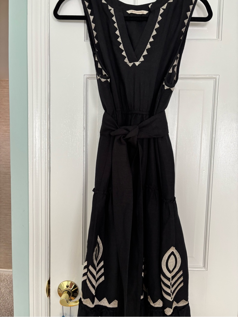 Soft Surroundings Black Maxi Dress with Cream-Tone Embroidery